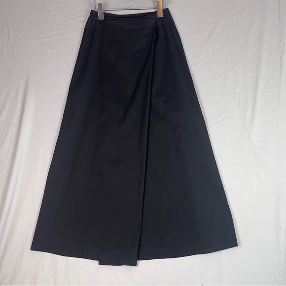 Theory Faux Wrap Maxi Skirt Womens 8 Black Cotton Poplin Minimalist Classic - Picture 2 of 12